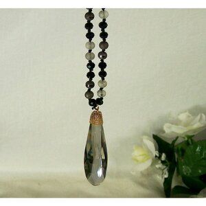 Faceted Teardrop Glass Pendant Long Line Necklace Frosted Gray Black Beads Knots